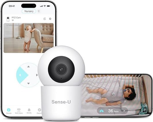 Sense-U AI 2.5K PTZ Baby Camera Monitor with Sensor-Free Sleep Movement Detection, Smart Security Indoor Video Camera with Background Audio, Cry Detection, No Monthly Fee, for Peace of Mind