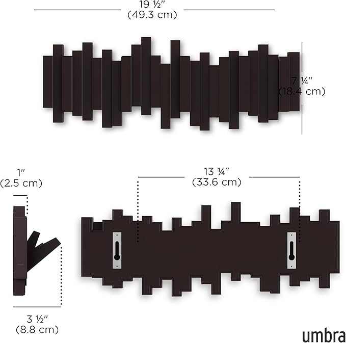 Umbra Sticks Wall Mount Coat Rack, 5 Hook Retractable Pegs, Espresso | Mounting hardware included, sculptural modern design, entryway or bedroom use, recycled plastic