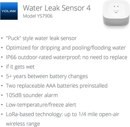 Water Leak Sensor 4 with 105dB Audio Alarm 3-Pack, SMS/Text, Email & Push Notifications, Freeze Warning, LoRa Up to 1/4 Mile Open-Air Range, w/Alexa, IFTTT, Hub Required!