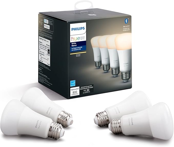 Philips Hue Smart Light Starter Kit - Includes (1) Bridge and (2) 60W A19 LED Bulb & Smart 60W A19 LED Bulb - Soft Warm White Light - 4 Pack - 800LM - E26 - Indoor