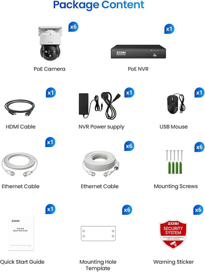 ZOSI C290 4K 8CH POE Security Camera System (Up to16CH), 6 x 8MP Wired PoE IP Dome Cameras Outdoor Indoor, 360 View, AI Human/Vehicle/Face Detection, Two-Way Talk, Siren Alarm, Auto Tracking, 2TB HDD