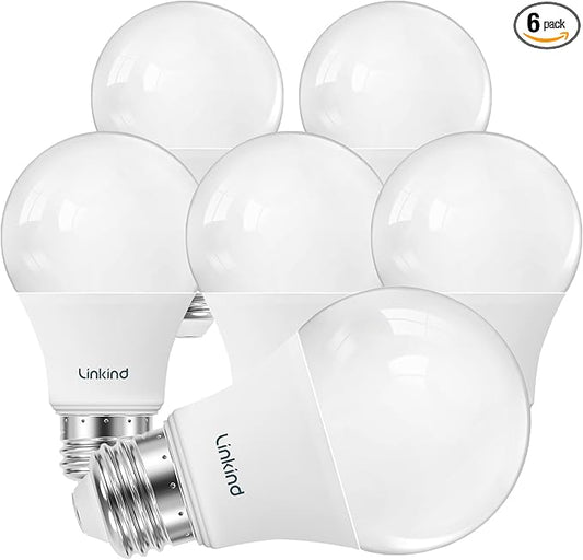 Linkind A19 LED Light Bulbs Dimmable, 60W Equivalent Light Bulbs, 9W, 5000K Daylight, 840 Lumens LED Bulbs, E26 Standard Base, 120V, Lighting for Bedroom Living Room Home Office, 6 Packs