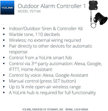 YoLink Outdoor Security Siren & Smart Alarm Controller Kit - Loud 110 dB, Wireless, Battery-Powered, 1/4 Mile Range, Android-iOS App, Alexa, Google, IFTTT, Home Assistant, Hub Required!