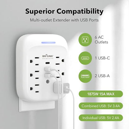 BN-LINK Surge Protector USB Wall 6 Outlet Extender with 3 USB Ports (USB C), Multi Plug Outlet Expander, Electrical Splitter for School, Travel, Office, Home, ETL Listed