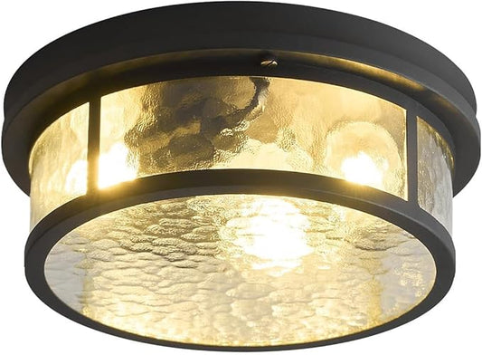Adjustable Motion Sensor Flush Mount Ceiling Lights Fixture with Water Ripples Glass Shade,Round Matte Black Metal Modern Ceiling Lamp for Entryway,Hallway,Porch,Patio and Garage,12 inch,3-Light