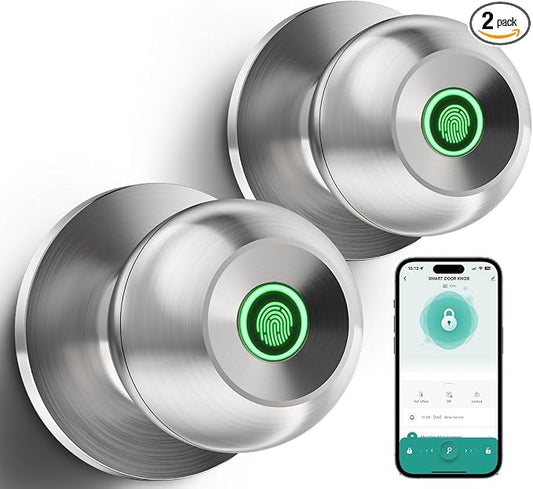 Smart Door Knob with Lock,Fingerprint Door Lock,2 Pcs,Burnished Silver | Smart Lock with Auto-Lock , App, Key, Fingerprint Door Locks for Front Door, Garage, Apartment, Hotel, Interior, Exterior