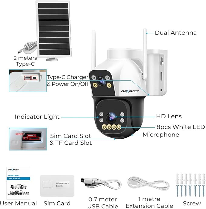 GENBOLT 4G AOV Cellular Solar Security Camera Outdoor Wireless, 7/24 Recording 3MP+3MP No WiFi IP Surveillance Camera with Sim Card, 8W 15600mAh Battery Operated LTE Camera CCTV