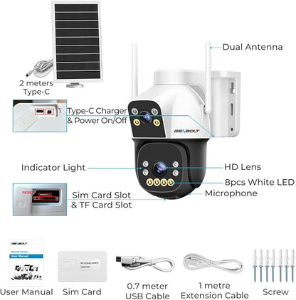 GENBOLT 4G AOV Cellular Solar Security Camera Outdoor Wireless, 7/24 Recording 3MP+3MP No WiFi IP Surveillance Camera with Sim Card, 8W 15600mAh Battery Operated LTE Camera CCTV