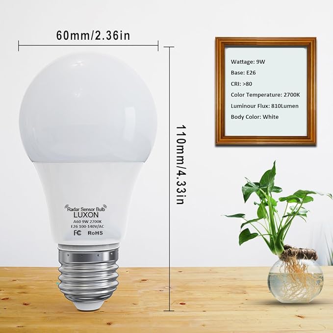 LUXON Motion Sensor Light Bulb,9W Smart Bulb Radar Dusk to Dawn LED Light Bulbs,E26 Base Indoor Sensor Night Lights Soft White 2700K Outdoor Motion Sensor Bulb Auto On/Off 2 Pack