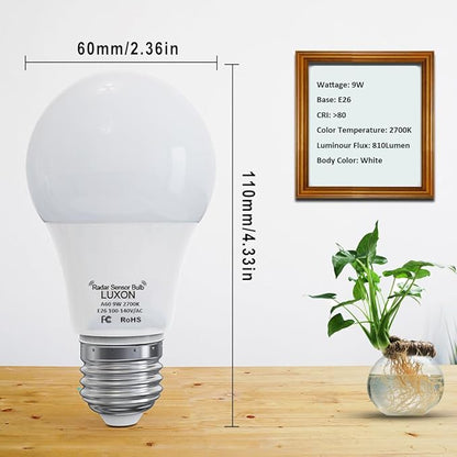 LUXON 5W A19 Radar Detector Dusk to Dawn 50W Equivalent Smart Led Lamp Lighting Indoor Outdoor Motion Sensor Bulb Auto On/Off E26 Base Soft White 2700K
