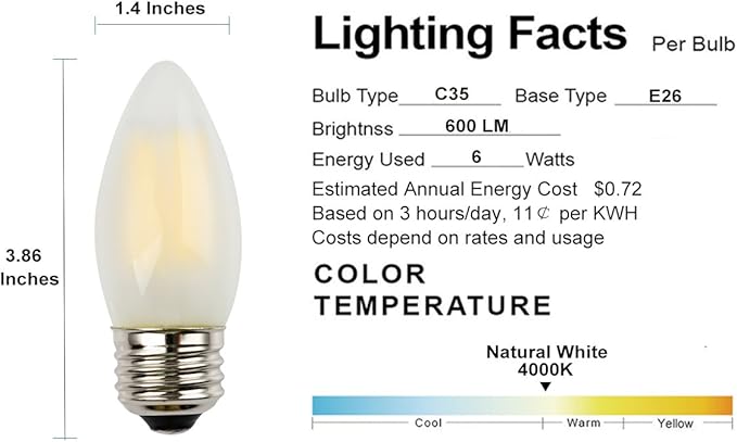 C35 6W LED Candelabra Bulb, 4000K Neutral White Daylight, 60W Incandescent Equivalent, E26 Medium Base, Dimmable, Frosted Glass Torpedo Tip, 3-Pack