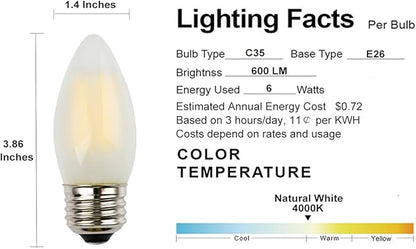 C35 6W LED Candelabra Bulb, 4000K Neutral White Daylight, 60W Incandescent Equivalent, E26 Medium Base, Dimmable, Frosted Glass Torpedo Tip, 3-Pack