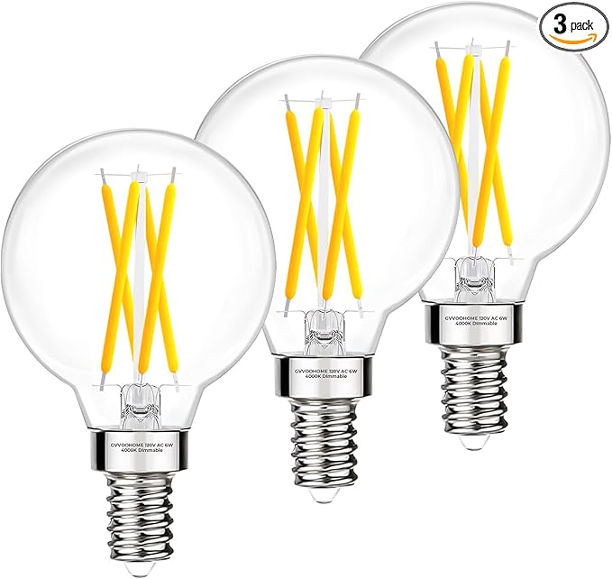 GvvooHome G16.5 LED Bulb 4000K Neutral White, E12 Candelabra LED Light Bulb Dimmable, 6W, 60 watt Equivalent, Globe Light Bulbs for Ceiling Fan, Chandeliers, 90+CRI 600LM, 3 Pack
