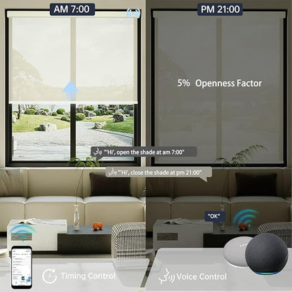 Motorized Solar Shades, Light Filtering Smart Blinds for Windows Automatic Blinds Compatible with Alexa, Falme Resistant Roller Shades Customized for Office Living Room (5% Openness Beige)