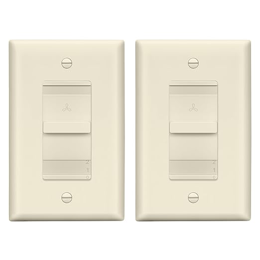 LIDER 3-Speed Fan Switch, Slider Switch for Fan, Ceiling Fan Control Switch, 120V, 2.5A Motor, Single Pole, Modern Upgrade, UL Listed, Wall Plate Included, Light Almond, 2 Pack