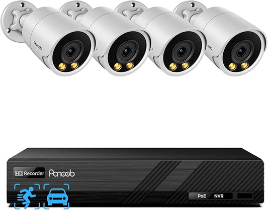 Security Camera System PoE, 4X 4MP Wired Bullet IP Cameras Outdoor Built-in Microphone, AI Human Vehicle Detection, 5MP 8CH NVR (NO HDD), Smart Color Night Vision, PB38F0408-4MD-N