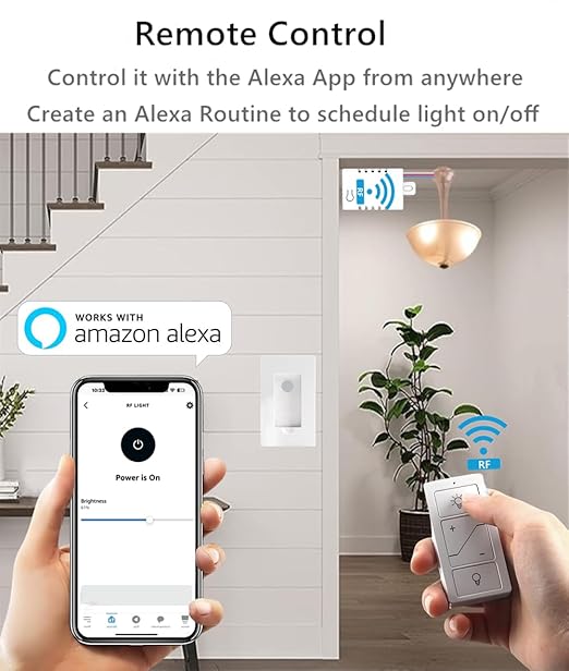 Nexete Smart Wireless Light Switch, Dimmer Switch & Receiver Kit No Wiring Wireless Remote Control,Remote & Voice Control,Bluetooth Work with Amazon Alexa Only ETL certified (2 Switches & 2 Receivers)