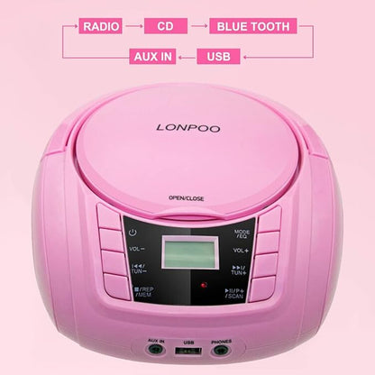 LONPOO Portable Boombox - CD Player, Bluetooth, USB, MP3, AUX, FM Radio, Portable, Built-in Stereo Speakers, Carrying Handle, LCD Display, Pink