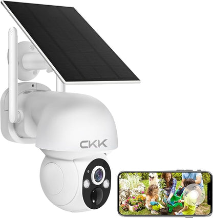 CKK 3K Solar Security Camera Wireless Outdoor, 360 Degree PTZ, PIR Motion Detection, Color Night Vision, 2-Way Talk, IP66 Waterproof, Audible & Floodlight Alarm for Home, Garage and Yard