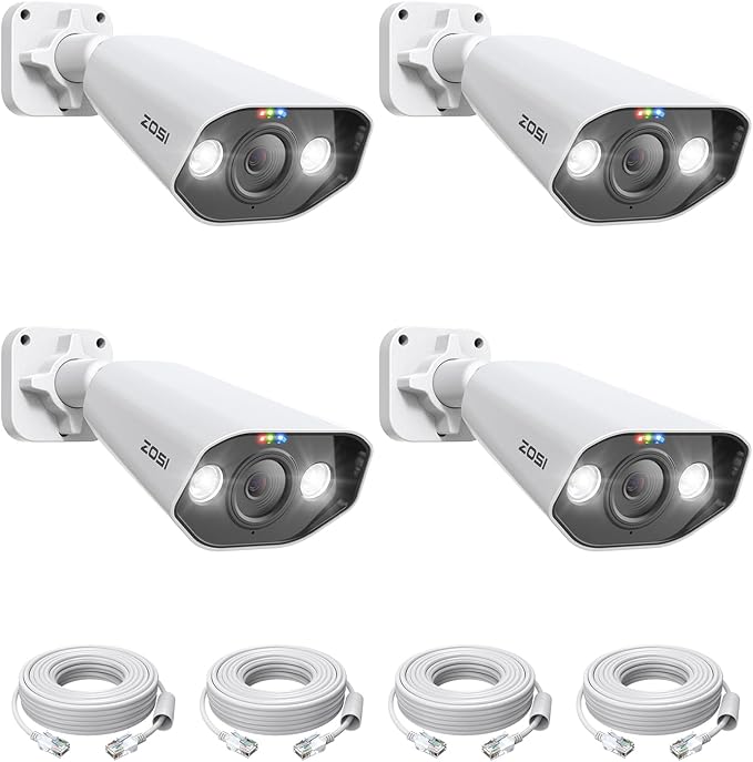 ZOSI 4PK 5MP PoE Add-on Cameras with Ethernet Cables, Human Vehicle Detection, 2-Way Audio, Color Night Vision, Waterproof Outdoor Indoor Security Camera Only Work with Same Brand 5MP 4K NVR