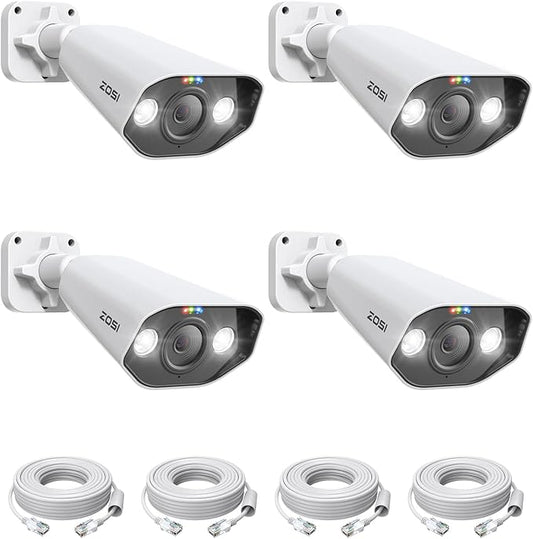 ZOSI 4PK 5MP PoE Add-on Cameras with Ethernet Cables, Human Vehicle Detection, 2-Way Audio, Color Night Vision, Waterproof Outdoor Indoor Security Camera Only Work with Same Brand 5MP 4K NVR