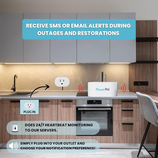 Power Pal Power Monitoring Device. Smart Plug with Power Outage Notifications via Text or Email. Monitors Power Within The Location, with or Without Connected Devices