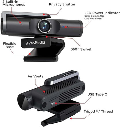 AVerMedia PW515 4K Ultra HD Business Webcam with Microphone for PC/Desktop/Laptop/Mac, with AI Auto Framing for Streaming, Meeting, Video Calls, Sony Sensor, Works with Teams, Zoom, Google Meet, OBS
