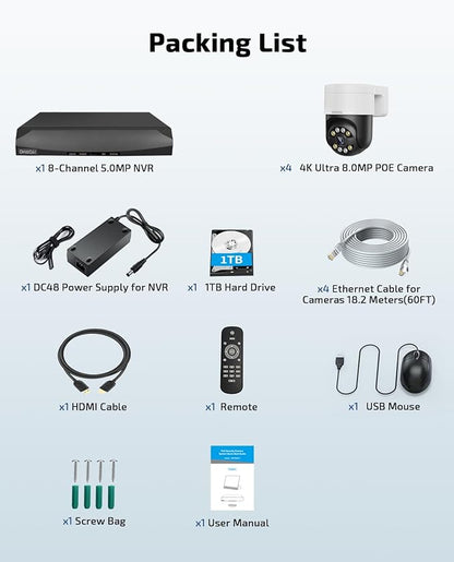 《130°Wide Angle & 2-Way Audio 》4K Outdoor Wired Security Camera System, PTZ IP Cameras, Home Video Surveillance DVR Systems