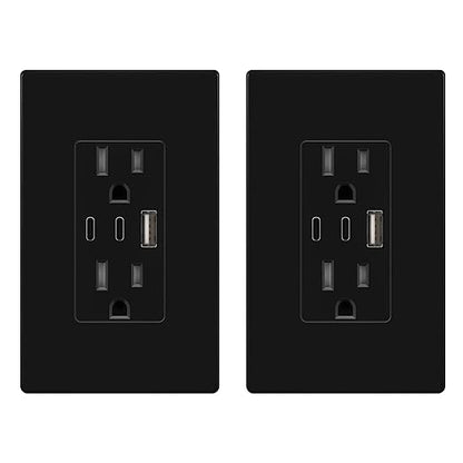 TOPGREENER 4.2A 3-Port Type C USB Outlet, 15 Amp Receptacle Plug, Charging Power Outlet with Dual Type C&A Ports, Screwless Wall Plate Included, UL Listed, TU21542AC2-BKSID, Black, 2Pack