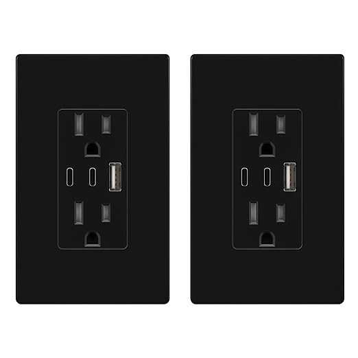 TOPGREENER 4.2A 3-Port Type C USB Outlet, 15 Amp Receptacle Plug, Charging Power Outlet with Dual Type C&A Ports, Screwless Wall Plate Included, UL Listed, TU21542AC2-BKSID, Black, 2Pack