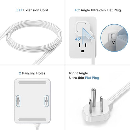 Flat Plug Extension Cord, 12-in-1 Extension Cord with USB Ports with 5Ft Extension Cord, Flat Outlet Extender with 8 AC Outlets 2 USB-A and 2 USB-C, Flat Wall for Desktop Home Office