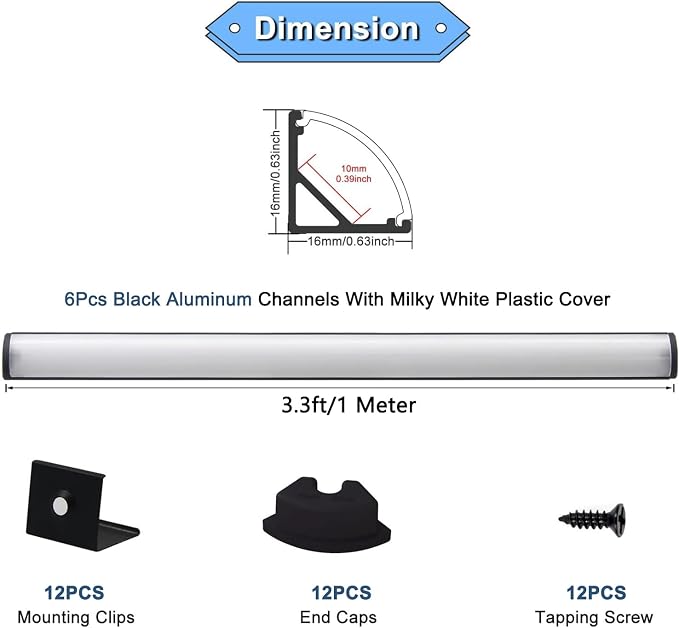 VST 6Pack 3.3 ft Black LED Aluminum Channel with Milky White Cover V Shape 16x16mm, Led Strip Light Track with Accessories for Led Strip Lights in Home Lighting