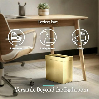 Gatco Modern Rectangle Wastebasket, Brushed Brass - Stainless Steel Trash Can with Removable Lid, Leakproof, 3 Gallon Capacity for Bathroom, Bedroom, Kitchen, or Office