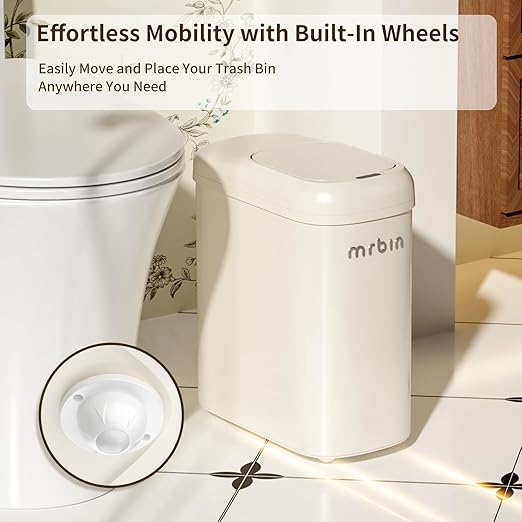 MRBIN Motion Sensor Adsorption Bag Bathroom Trash Can with Lid and Wheels, 10L/2.6gal Automatic Waste Basket Slim Electric Metal Garbage Bin for Office, Bedroom, Rv, Cream White