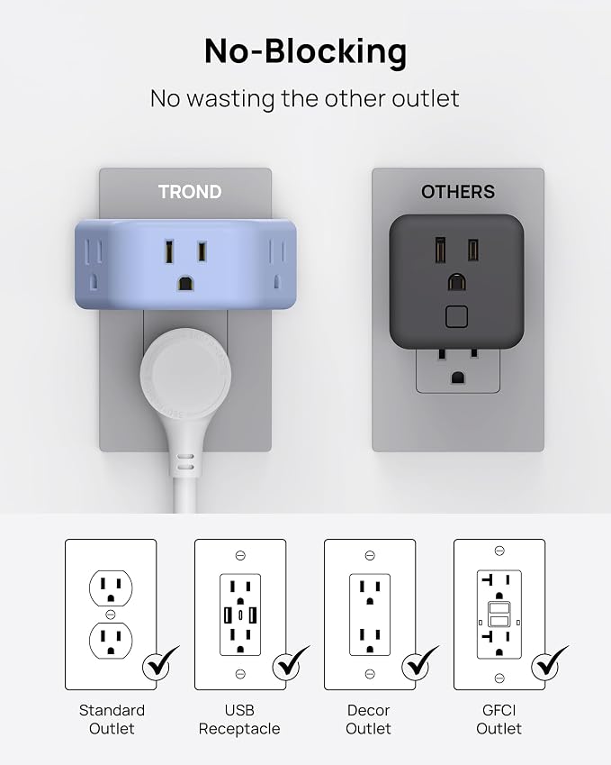 TROND Outlet Extender, 3 Way Angled Wall Plug Splitter, Blue | 3-Prong Grounded Outlet Adapter, Cruise Essentials, Compact and Practical Plug Expander for Home Decoration Travel Essentials