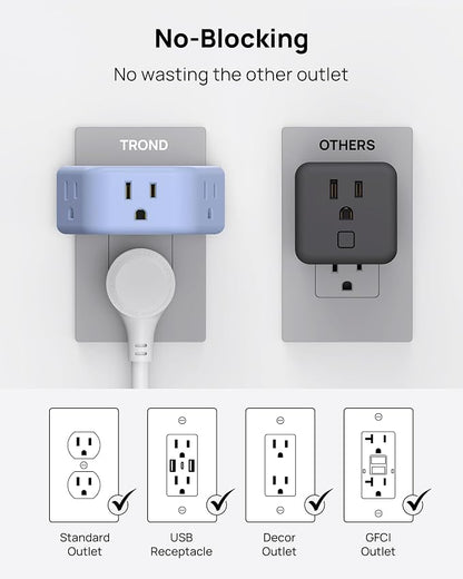 TROND Outlet Extender, 3 Way Angled Wall Plug Splitter, Blue | 3-Prong Grounded Outlet Adapter, Cruise Essentials, Compact and Practical Plug Expander for Home Decoration Travel Essentials