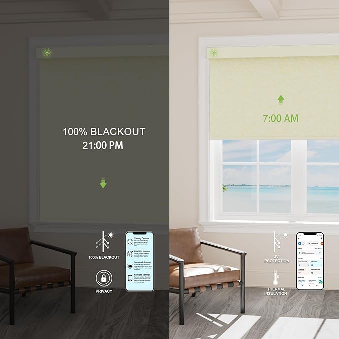 Motorized Blinds with Remote，100% Blackout Smart Blinds Motorized Roller Shades Compatible with Alexa Automatic Blinds for Windows Electric Window Blinds Customized Size Lvory Noir