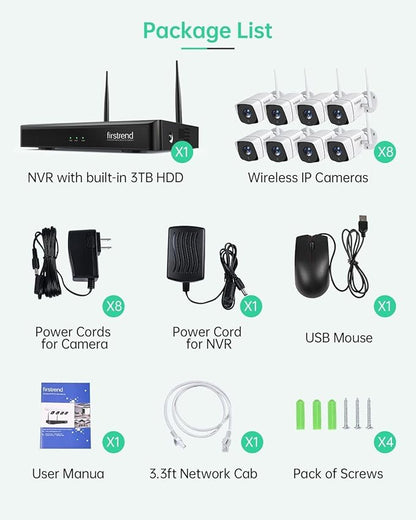 Wireless Security Cameras System, Firstrend 5MP Continuous Recording Ultra HD 8 Camera for Home Surveillance with 8CH NVR 3TB Hard Drive Night Vision Motion Detection App for Indoor Outdoor Business