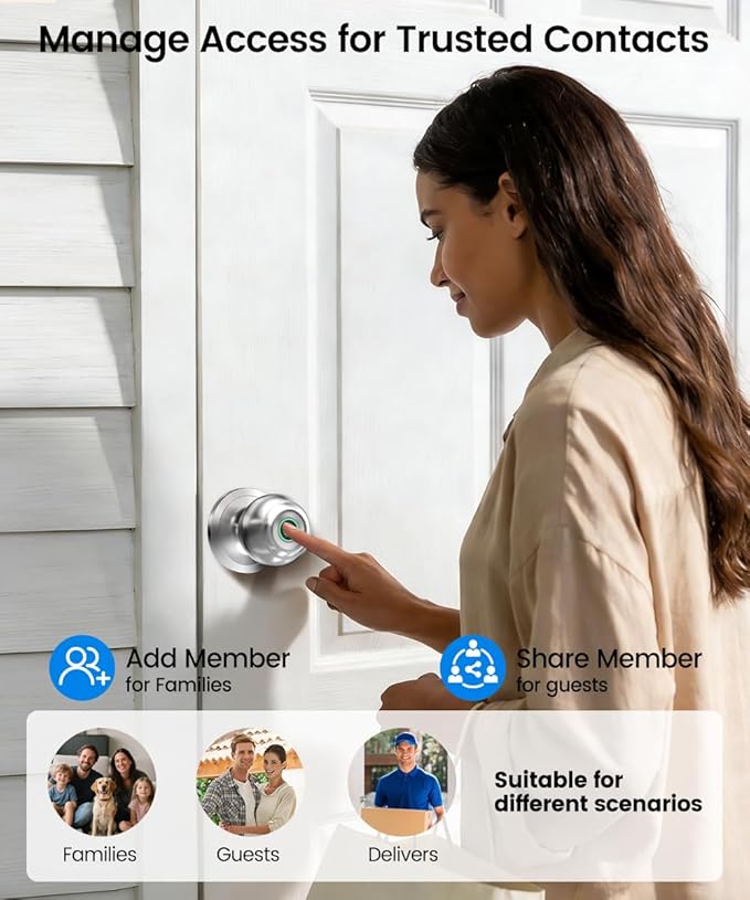 Fingerprint Door Lock, Smart Fingerprint Door Knob with Lock, Biometric Door knob with App Control & Key, Keyless Thumbprint Entry Door Locks for Bedrooms, Front Door, Home, Apartment-Bright Silver