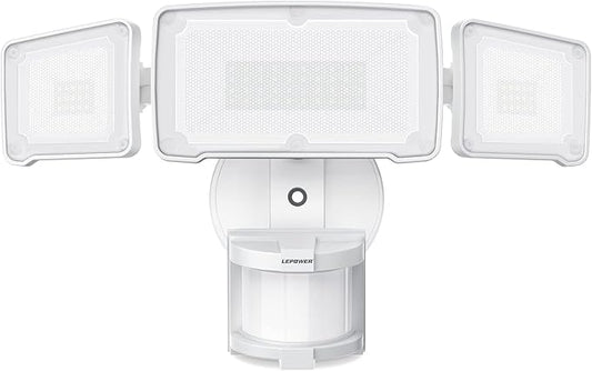 LEPOWER LED Security Lights Motion Sensor Light Outdoor, 38W 4200LM Light, 5500K, IP65 Waterproof, 3 Head Detected Flood Light for Garage, Yard, Porch (White)