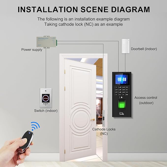 Complete Biometric Fingerprint Security Access Control System Kit, RFID T9 Keyboard Door Lock,Time and Attendance System,Smart Remote Control Door Opener,NC Cathode Lock,Doorbell,Sensor Switch