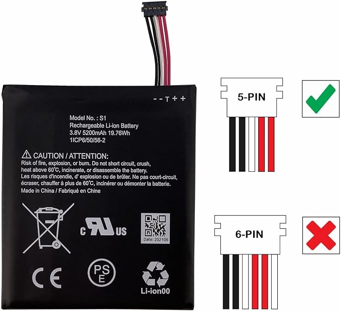 Replacement Internal Battery S1 (5 Pins) for Ring Video Doorbell, 5200mAh, 19.76Wh, Battery Plug: 5 Cable