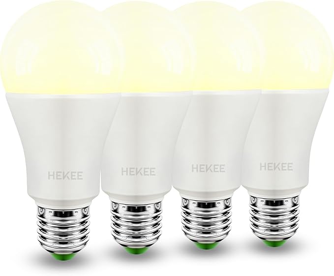 HEKEE Dusk to Dawn Sensor Light Bulbs LED A19 900 Lumens, Outdoor Porch Lights, 60 Watt Equivalent, Warm White 2700K Soft White Security Bulb(Auto on/Off), E26 Screw Base(4 Pack)