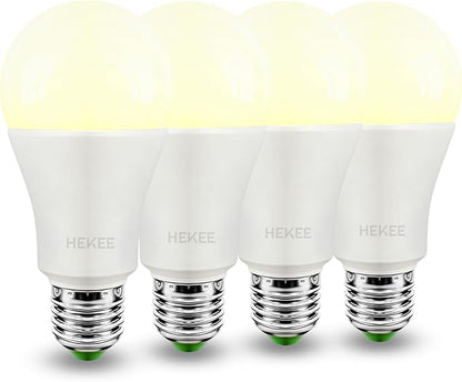 HEKEE Dusk to Dawn Sensor Light Bulbs LED A19 900 Lumens, Outdoor Porch Lights, 60 Watt Equivalent, Warm White 2700K Soft White Security Bulb(Auto on/Off), E26 Screw Base(4 Pack)