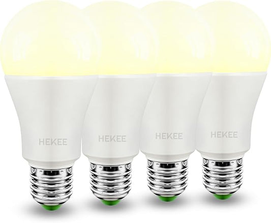 HEKEE Dusk to Dawn Sensor Light Bulbs LED A19 900 Lumens, Outdoor Porch Lights, 60 Watt Equivalent, Warm White 2700K Soft White Security Bulb(Auto on/Off), E26 Screw Base(4 Pack)