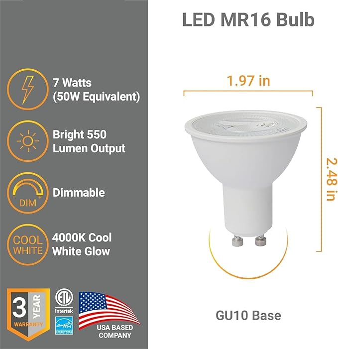 Diodesy- MR16 LED Light Bulb 7W (50W Equivalent) 550 Lumens GU10 Twist & Lock Base 4000K Cool White Dimmable 35° Beam Angle Pack of 6- Energy Efficient for Recessed Landscape Spotlight Track Light