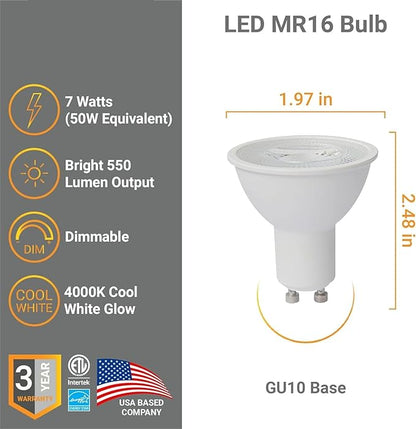 Diodesy- MR16 LED Light Bulb 7W (50W Equivalent) 550 Lumens GU10 Twist & Lock Base 4000K Cool White Dimmable 35° Beam Angle Pack of 6- Energy Efficient for Recessed Landscape Spotlight Track Light
