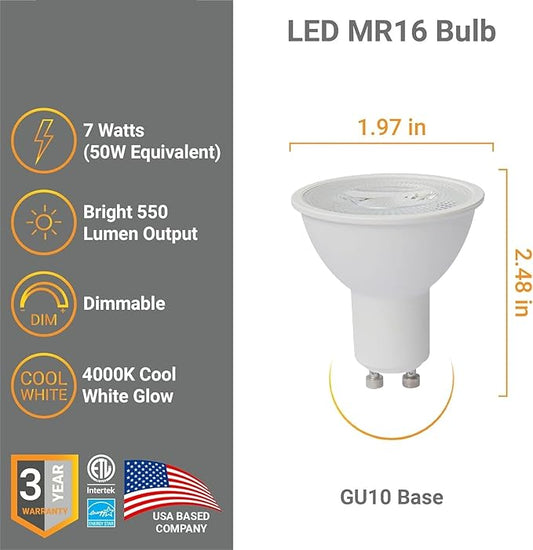 Diodesy- MR16 LED Light Bulb 7W (50W Equivalent) 550 Lumens GU10 Twist & Lock Base 4000K Cool White Dimmable 35° Beam Angle Pack of 6- Energy Efficient for Recessed Landscape Spotlight Track Light