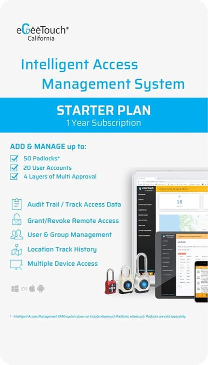 eGeeTouch Intelligent Access Management System to Access & Manage Padlocks & Users, Grant & Revoke Access REMOTELY and Track Access History | 1 Year Subscription (Starter Plan) | 14 Days Free Trial