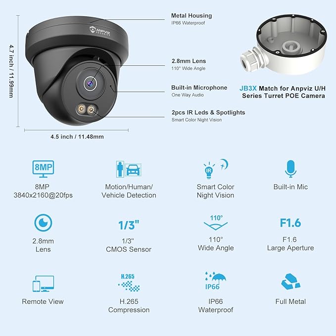 Anpviz 4K 8MP PoE Security IP Camera Outdoor Wired, AI Human Vehicle Detection, 100FT Smart Dual Light Color Night Vision, Built-in Mic, IP66 Waterproof, Black, NDAA, IPC-D3B83B-S (U Series)